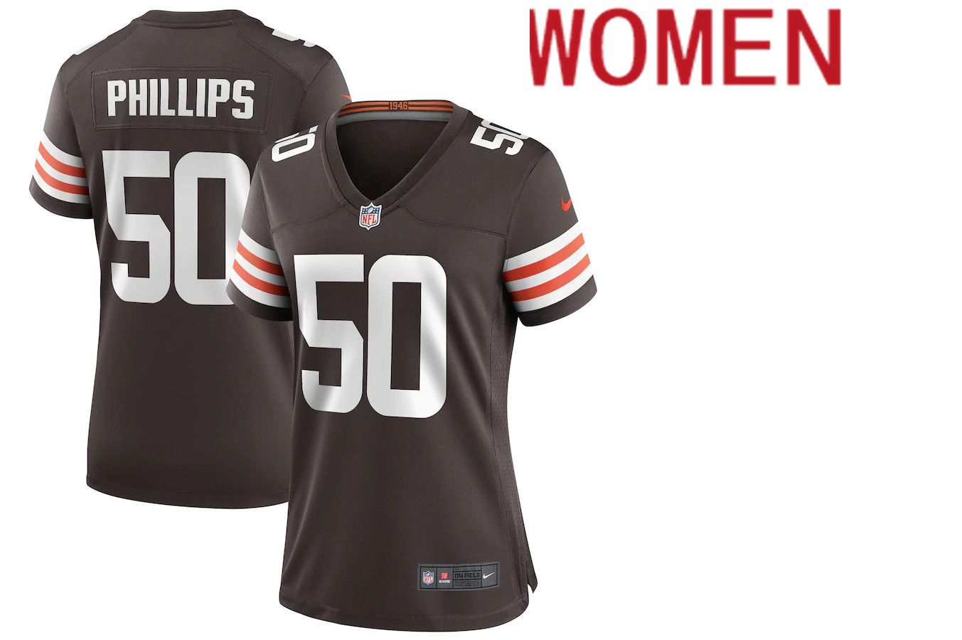 Women Cleveland Browns #50 Jacob Phillips Nike Brown Game NFL Jersey->women nfl jersey->Women Jersey